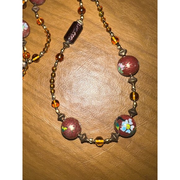 Vtg Artisan Cloisonné Beaded Necklace Amethyst Glass Toggle Clasp Cherry Blossom - Picture 3 of 10